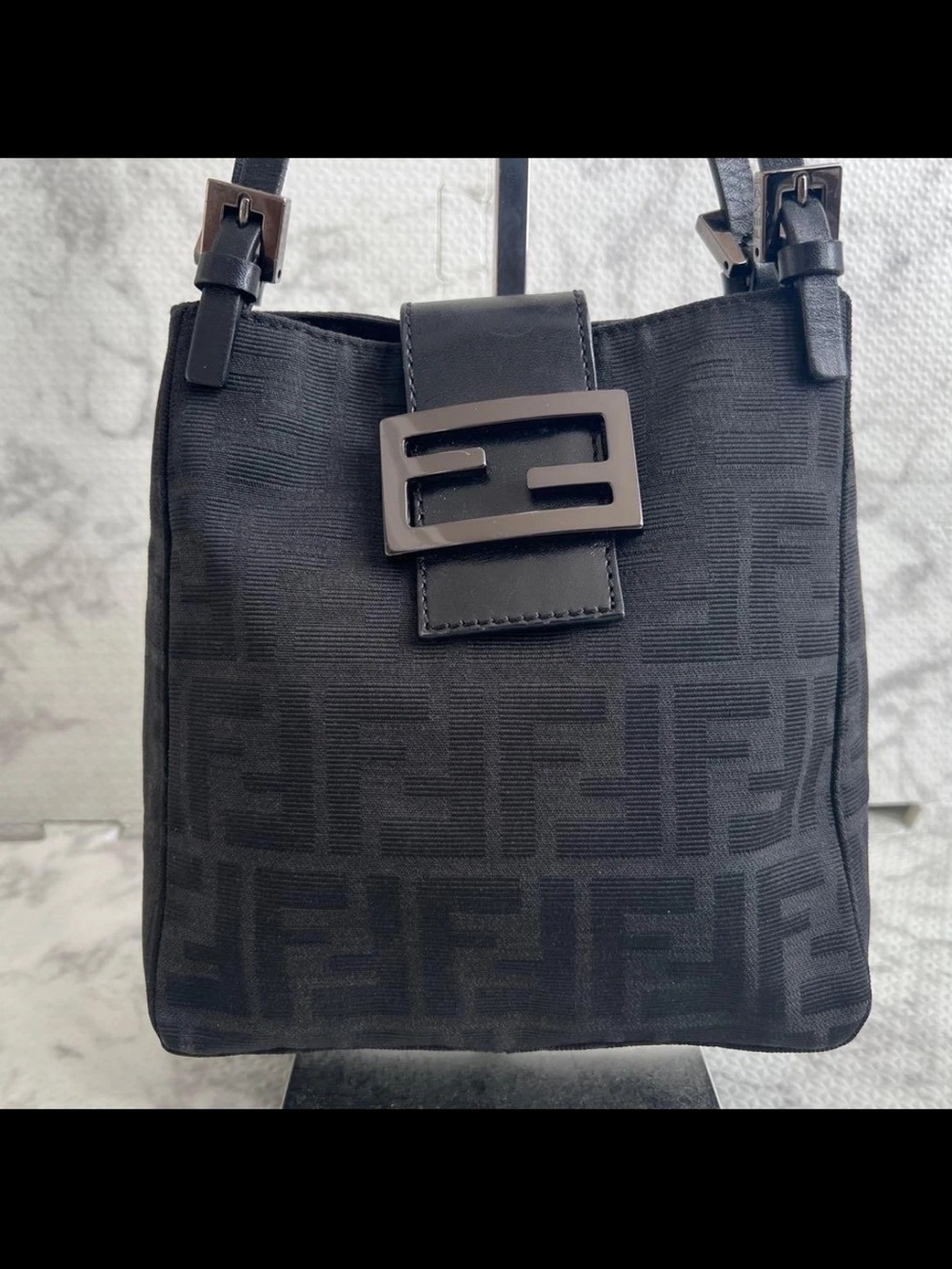Fendi Black FF Jacquard Small Shoulder Bag with Logo Buckle